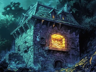 A mysterious stone house in the forest glows with golden light from a pile of treasure inside, surrounded by an eerie night atmosphere, suggesting hidden secrets.