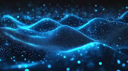 Fototapeta premium Abstract blue glowing waves with particles on a dark background.