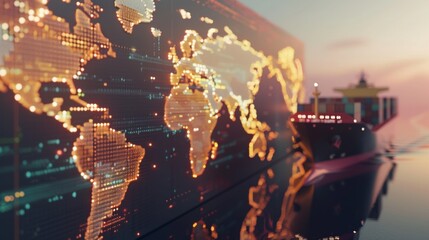 Obraz premium A digital world map with glowing nodes overlays an image of a shipping container, symbolizing global trade and interconnectedness at dusk.