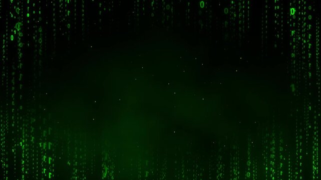 Animated green matrix background with glowing numbers and central copy space for new technologies threats and futuristic looks like artificial intelligence and cyber defense algorithms neural networks