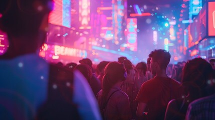 Crowd at a cyberpunk festival, neon lights and bokeh effect, beautiful mind style