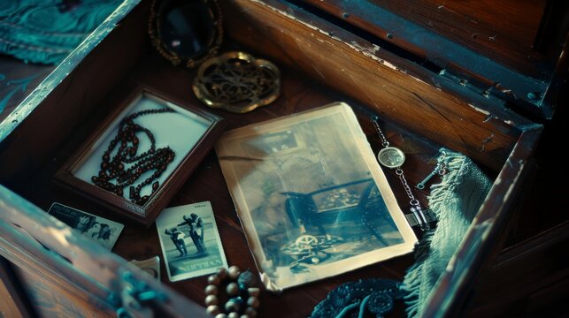 An open drawer filled with vintage photographs, jewelry, and mementos, evoking nostalgia and the passage of time amidst a warm, contemplative atmosphere.
