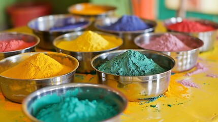 Fototapeta premium Colorful pans of gulal flour on a yellow table