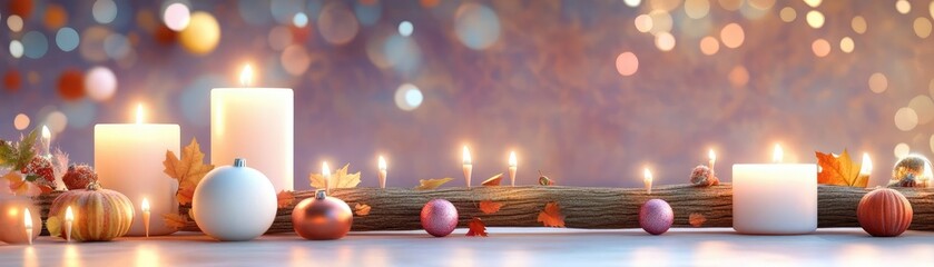 Candlelit garland with wood and autumn ornaments, cozy ambiance, flat design illustration