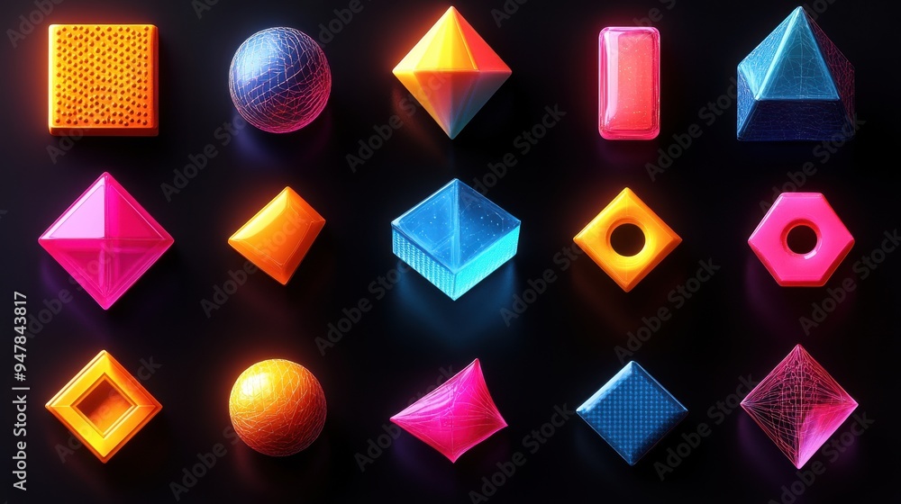 Poster 3d render collection of assorte3d geometric shapes set of different icons signs an3d symbols colorfu