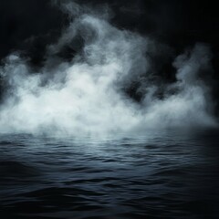 Fototapeta premium Smoke clouds above black water surface. Vector realistic illustration of white fog, steam, mist over spooky sea waves, dark river splashing in scary smog, mysterious Halloween atmosphere, horror night