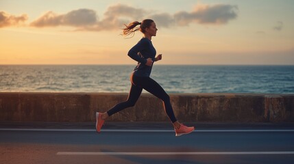 Fototapeta premium Woman jogging along a coastal road at sunset, enjoying the sea breeze and vibrant colors of the evening sky