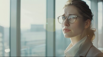 A young woman, wearing glasses and a professional outfit, gazes thoughtfully out of a sunlit window in a modern office, bathed in natural light.