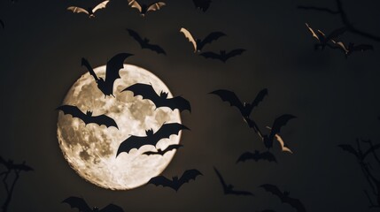 A swarm of bats silhouetted against a full moon on a dark night, creating a haunting and mysterious scene.