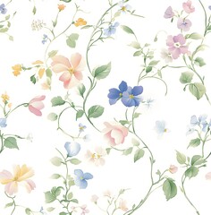 A delicate watercolor pattern of wildflowers, in pastel colors