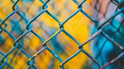 A close-up of a colorful chain-link fence, with the background softly blurred, illustrates vibrant contrasts and textures.