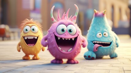 Fototapeta premium Three Cute Cartoon Monsters in a City Street
