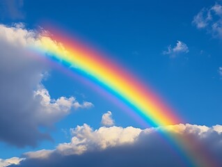 Rainbow arching across a cloudy sky after a rainstorm, colorful weather phenomenon