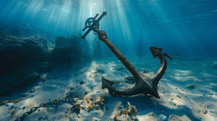 An aged anchor lies on the ocean floor, partially buried in sand, with ethereal light streaming through the water, creating a mystical underwater scene. © VK Studio