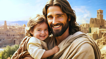 Portrait of Smiling Jesus Christ Holding a Child in His Arms, Artistic Interpretation, Detailed and Emotional, Faithful Representation of Love and Compassion new beautiful stock image illustration AI