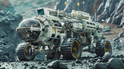 Futuristic rover navigating through a rocky, extraterrestrial landscape, displaying advanced technology and design capabilities.