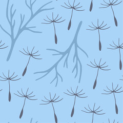 Elegant doodle seamless pattern on light blue background with various wildflowers and branches