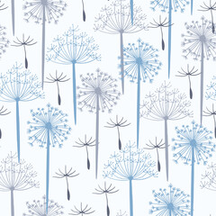 Seamless pattern in doodle style in blue and white shades with various floral elements