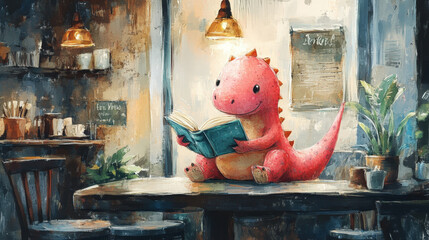 Pink dinosaur reading a book in a cozy cafe, water color style, no color splash, whimsical concept. 