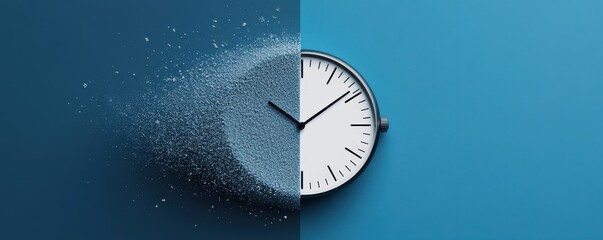 A clock gradually disintegrates into particles, symbolizing the passage of time, impermanence, and the transient nature of life.