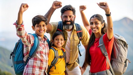 Fototapeta premium A triumphant image of an Indian family arriving at their hiking goal. 