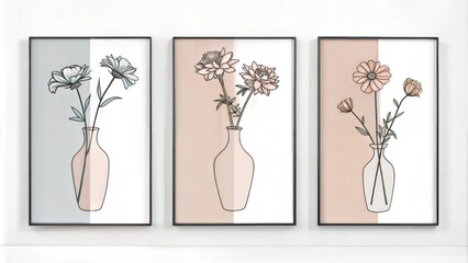 set of three vertical poster, minimalist one line art vase and flower