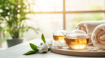 A warm and inviting spa setting with herbal tea, white towels, and fresh jasmine flowers on a...