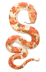 Obraz premium White snake with classic asian red peonies skin pattern, red and gold flower ornament. Chinese New Year 2025 zodiac isolated clipart
