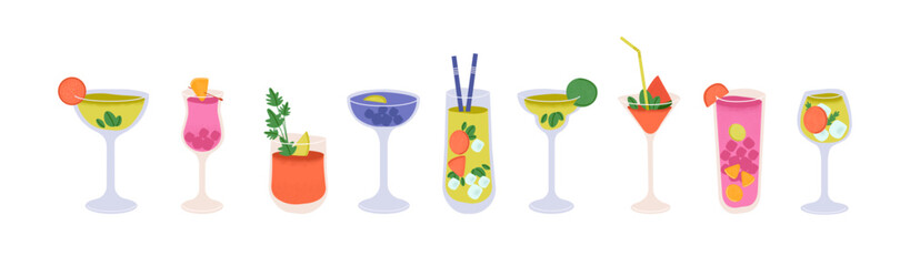 Different alcoholic drinks set. Various cocktails with gin, whiskey, juice and fruit. Hard and light booze with ice cubes. Tropical beverages in glasses. Flat isolated vector illustrations on white