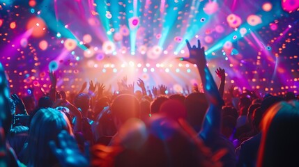 Obraz premium Crowd at a rave with bokeh lights and neon colors, beautiful mind visuals