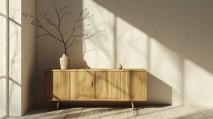 A minimalistic interior featuring a wooden sideboard with modern decor and tree branch shadows cast on the wall.