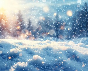 Fototapeta premium Winter Wonderland: A Magical Snowy Christmas Background with Blurred Bokeh and Sunlit Forest