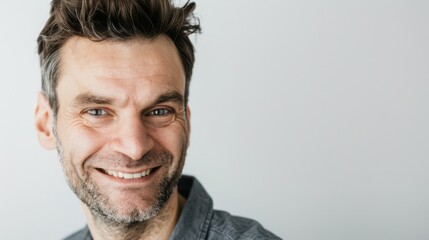 Obraz premium A smiling man with a light beard and casual attire, captured in a moment of genuine happiness against a neutral background.
