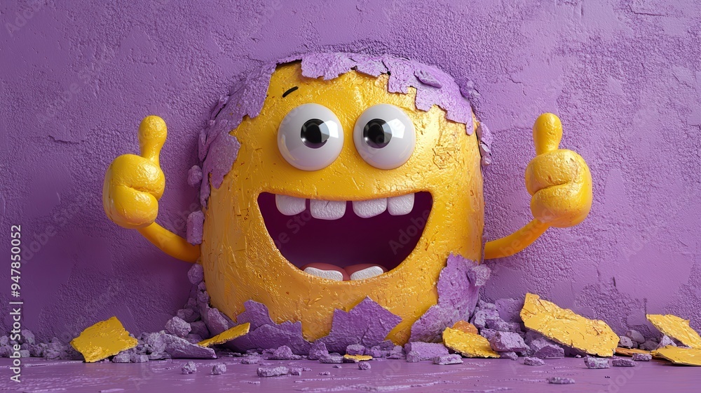 Poster 3d render funny cartoon character elastic han3d shows thumb up like gesture broken floor with debris