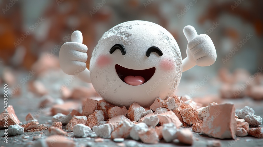 Poster 3d render funny cartoon character elastic han3d shows thumb up like gesture broken floor with debris
