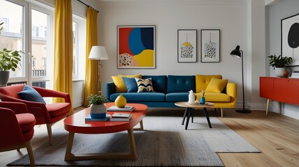 Fototapeta premium A cheerful living room with a Scandinavian design, playful elements like a bright red sofa, a blue armchair, and a yellow coffee table. white walls, wooden floors, and colorful geometric artwork