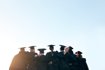 Graduation, sky or back of students with space at university for education, opportunity or success....