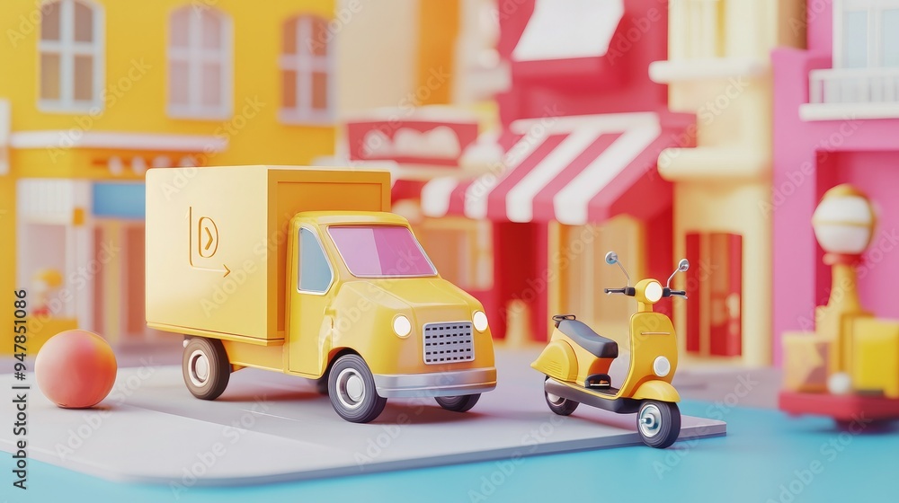 Poster 3d rendering of a delivery management app for e-commerce, featuring transportation by truck and scoo