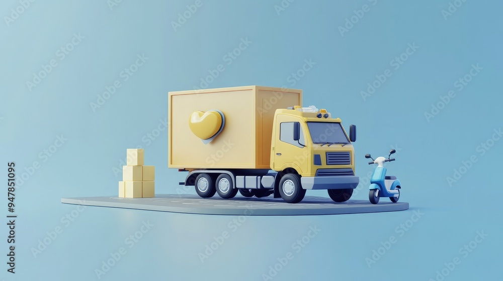 Poster 3d rendering of a delivery management app for e-commerce, featuring transportation by truck and scoo