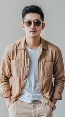 Obraz premium An Asian man stands indoors, dressed in a casual summer outfit with sunglasses, exuding a relaxed and stylish vibe