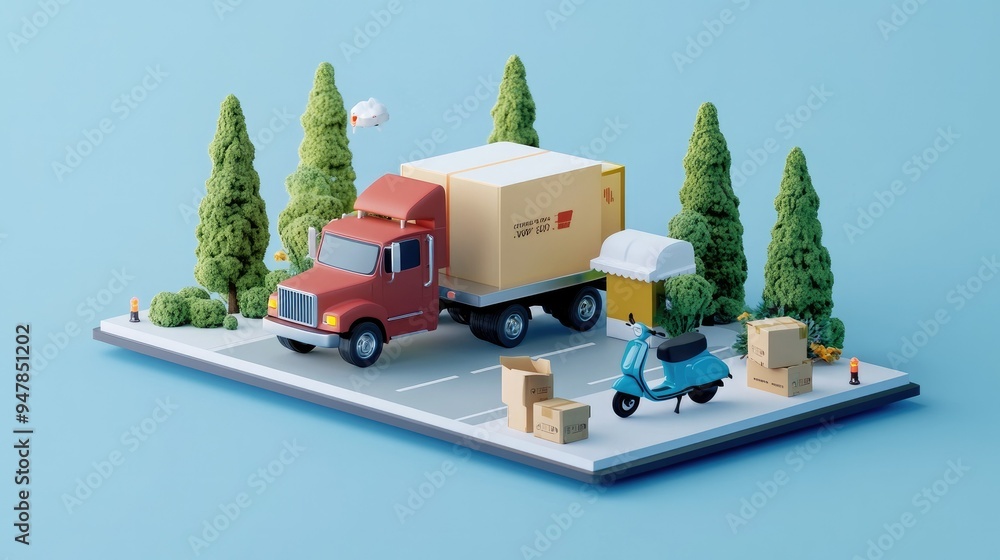 Poster 3d rendering of an e-commerce delivery system, showcasing a mobile app with options for truck and sc