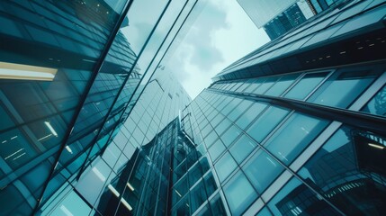 A dramatic upward view of modern glass skyscrapers with reflections, against a cloudy sky, conveying urban sophistication and grandeur.