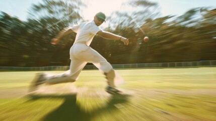 A cricket player in action mid-run, blurring motion on a sunny day, captures the energy and excitement of the game in a lush green field.