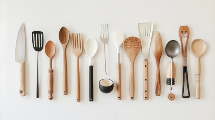 An eclectic mix of wooden and plastic kitchen utensils is arranged in an orderly manner against a plain white background.
