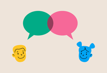 Two people talking through speech bubbles. Concept of communication. Colorful vector illustration