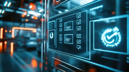 Obraz premium Automation concept with checkboxes on a digital interface, symbolizing streamlined business processes and workflow optimization in an industrial setting.