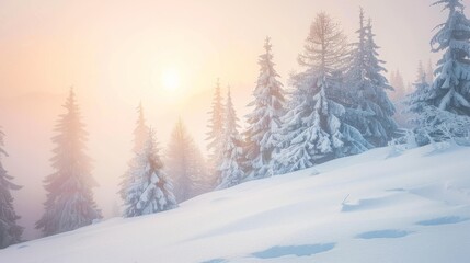Obraz premium Snow-covered pine trees bathed in the golden glow of a sunrise, creating a serene winter landscape.