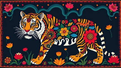 Fototapeta premium Pattern with tiger, Abstract painting, tiger pattern, flower ornament pattern.seamless pattern with tiger, and flowers