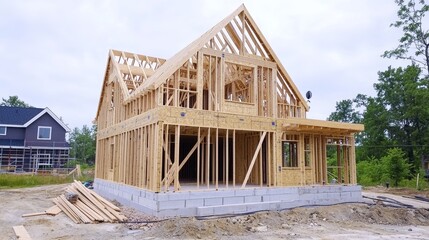 Wooden Frame of a Newly Constructed Residential Home in a Forested Suburban Neighborhood