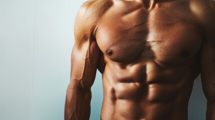 Fototapeta premium A close-up of a well-defined, muscular male torso glistening under soft light, emphasizing physical fitness and strength.